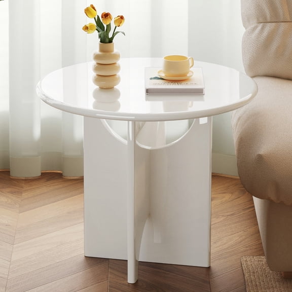 Modern Round End Table with High-Gloss Lacquered Surface, 24 Inch Accent Side Table with Cross-Shaped Pedestal Base, Elegant Sofa Tea Table for Living Room Bedside, Cream White
