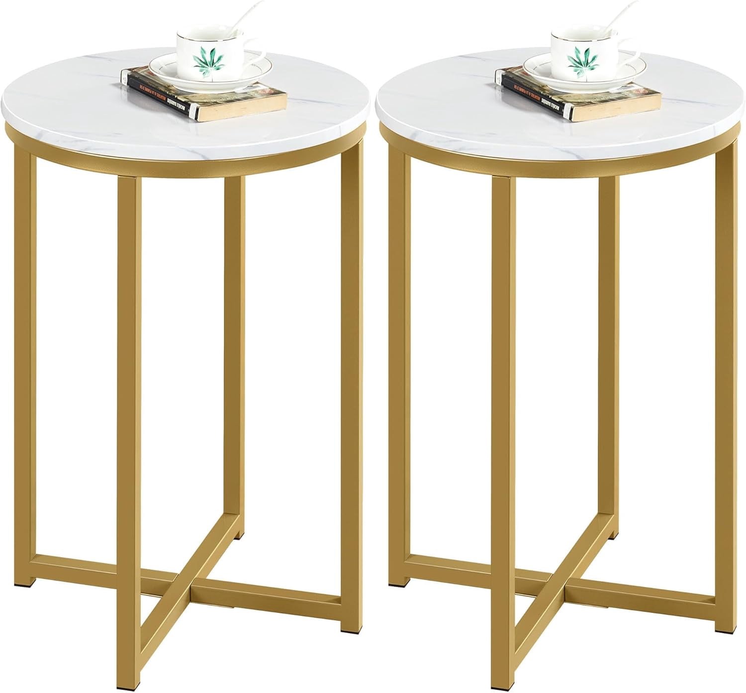 Modern Round End Table Set of 2 with Faux Marble Top and Metal Frame ...