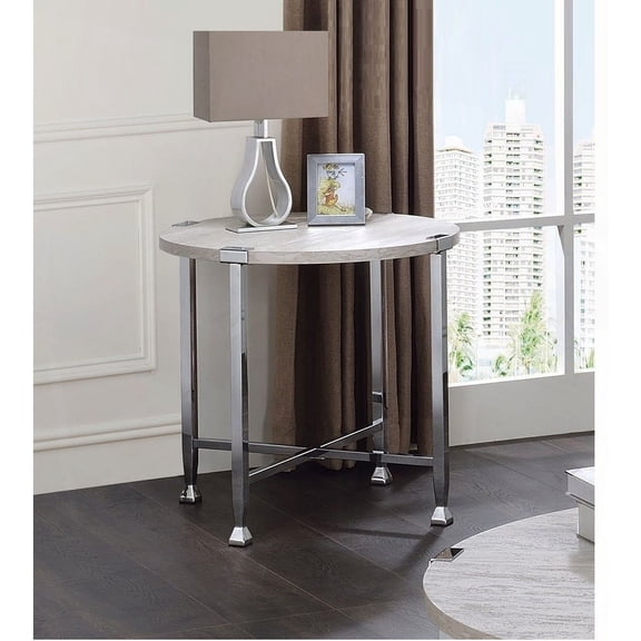 Modern Round End Table in White Oak Finish with Chrome Metal Frame for Living Room