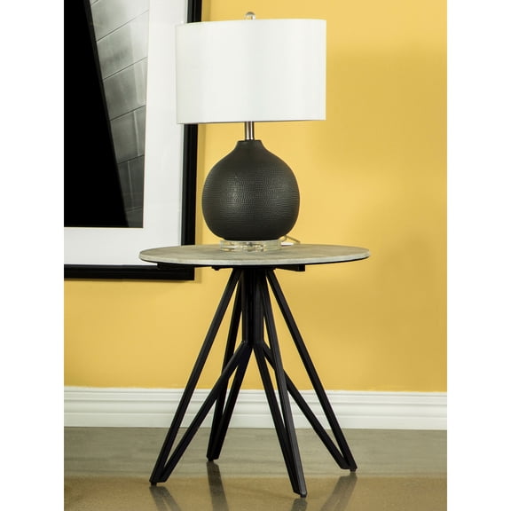 Modern Round End Table with Hairpin Legs, Cement Finish, 23.5 inch Small Side Table for Living Room