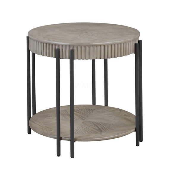 Modern Round End Table with Storage Shelf, Black Brown Tan Sofa Side Table for Living Room