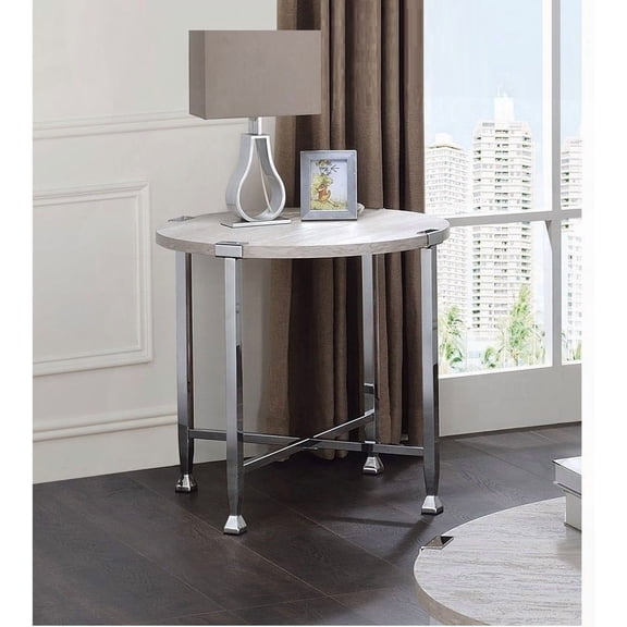 Modern Round End Table with White Oak Finish and Chrome Metal Frame for Living Room (1pc)