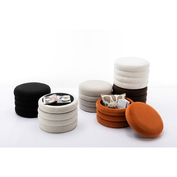 Modern Round Footstool With Storage For Various Items, Black Large And Faux Leather