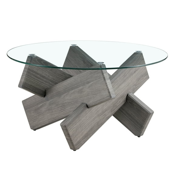 Modern Round Glass Coffee Table - 33.4" Tempered Glass Top with Grey Patterned MDF Legs | Sturdy, Easy Assembly | for Living Room & Dining Space