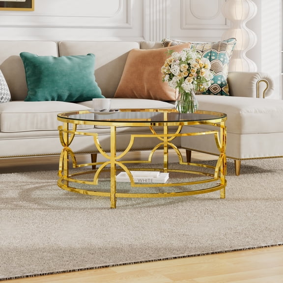 Modern Round Glass Coffee Table Set (30.7in) Luxury Storage Coffee End Table Set with Clear Glass Top and Gold Frame,Elegant 2-Piece Living Room Table Set for Home Offce