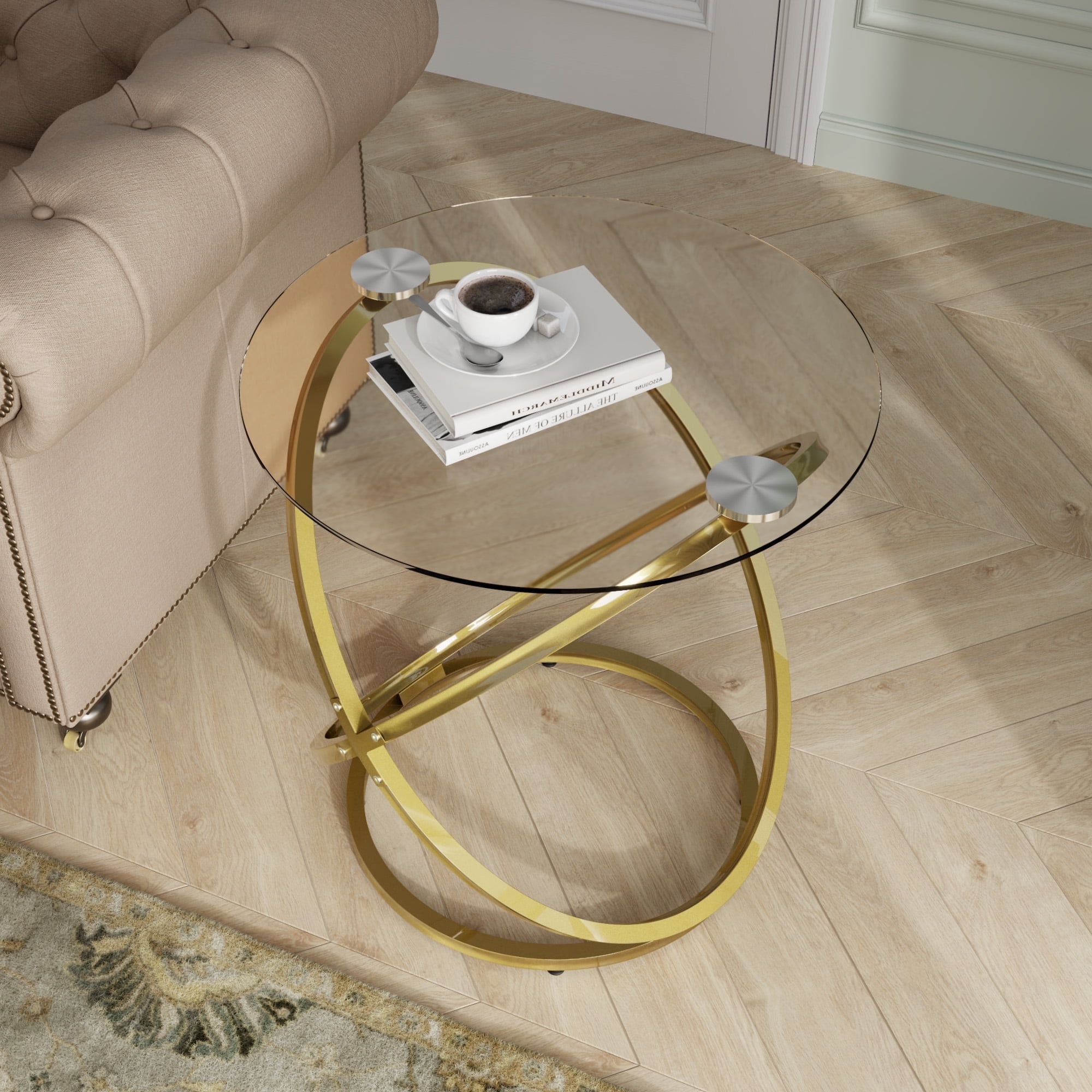 Modern Round Glass Coffee Table –Side Table with Elegant Gold Metal Frame and Tempered Glass Top,Perfect End Table for Living Room, Bedroom, or Office