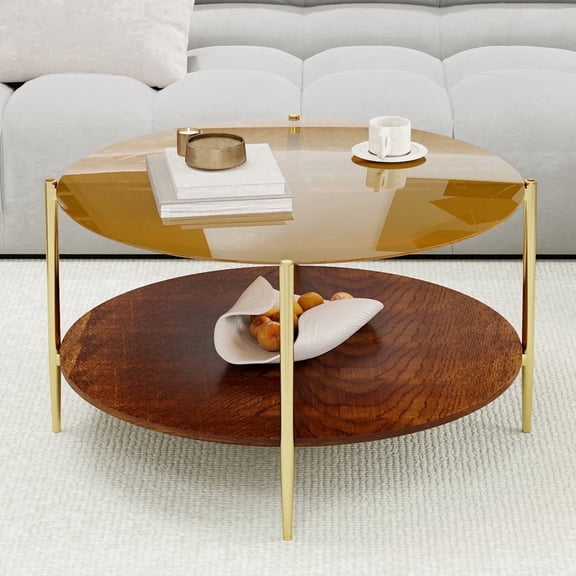 Modern Round Glass Coffee Table golden Glass Top Living Room Center Table — Mid-Century Modern Coffee Table with Wooden Storage Shelf, golden Metal Frame, Space-Saving Design, 32.28 Inches, golden T