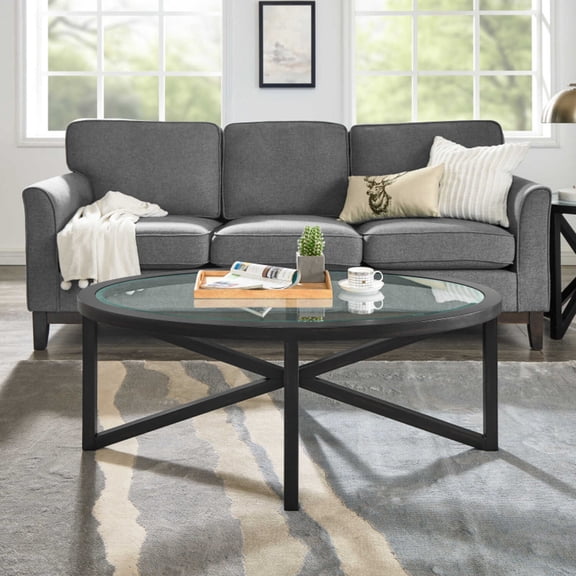 Modern Round Glass Coffee Table with Solid Wood Base - Tempered Glass Top for Living Room Terrace Study Black + Wood+Glass_1