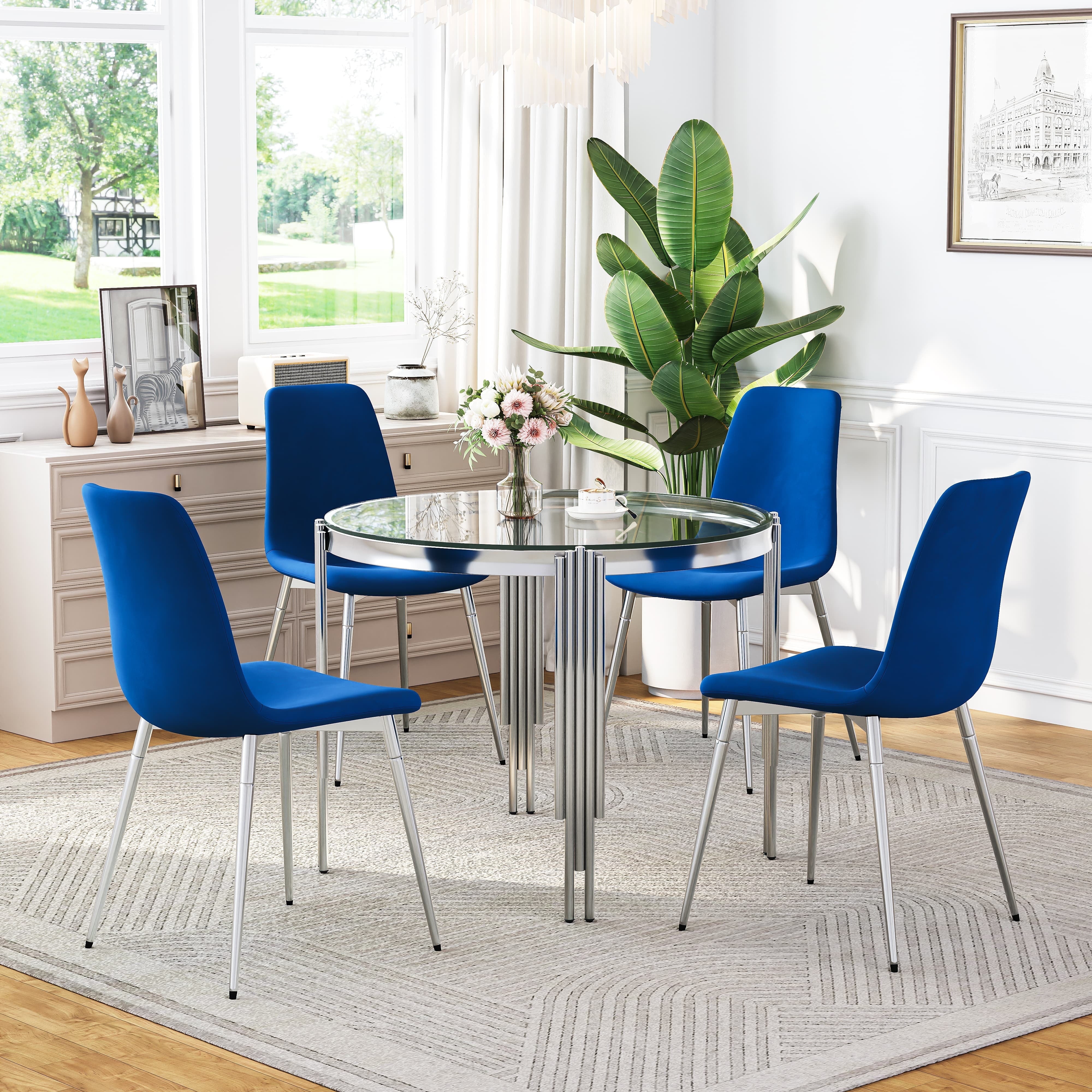 Modern Round Glass Dining Set for 4, Modern Irregular Stainless - Main Image