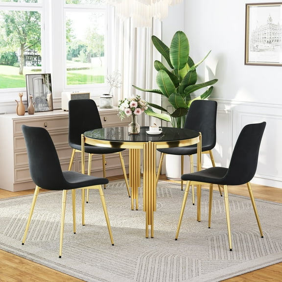 Modern Round Glass Dining Set for 4, Modern Irregular Stainless Steel Legs and Velvet Cushioned Chairs for Kitchens, Living Rooms, Small Bar