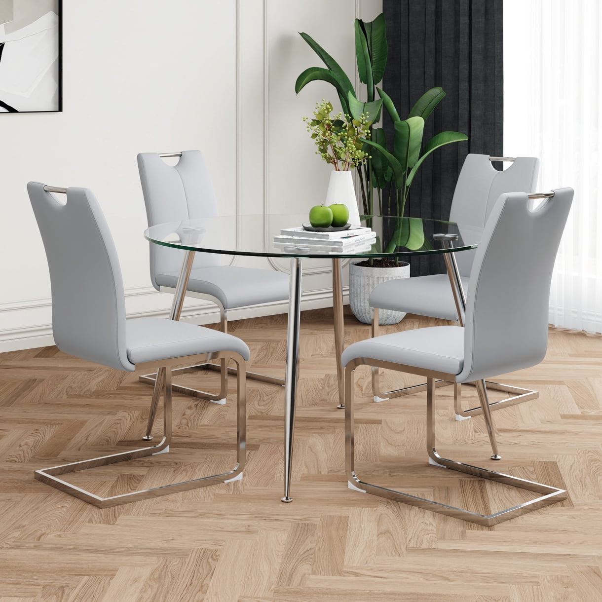 Modern Round Glass Dining Table with Grey PU Chairs - Durable Tempered Glass Top, Heavy-Duty ...