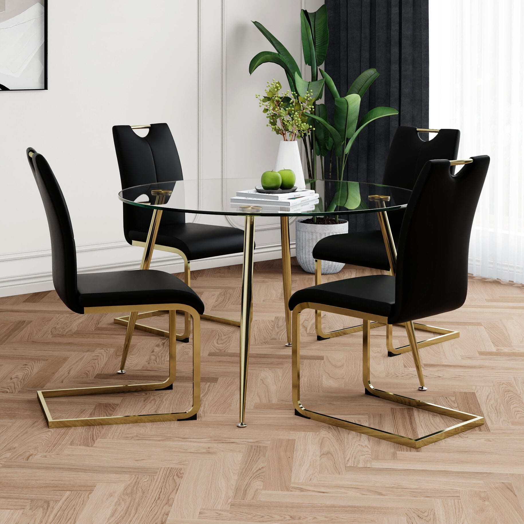 Modern Round Glass Dining Table Set with Tempered Glass Top, Gold Metal ...