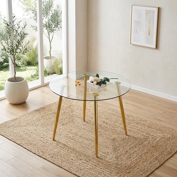 Modern Round Glass Dining Table with Gold Metal Legs - Seats 4-6