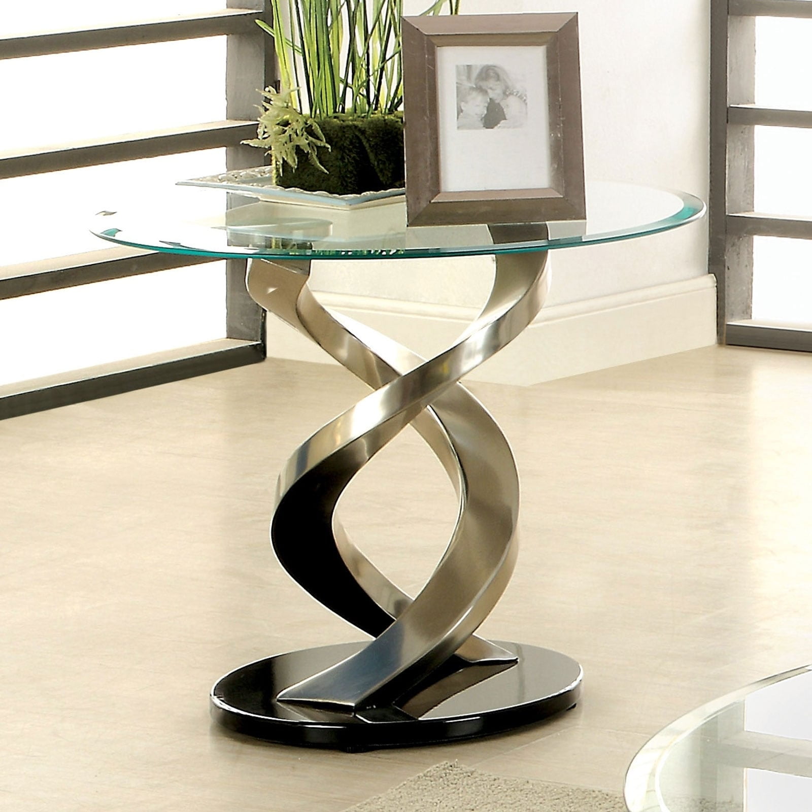 Modern Round Glass Top End Table with Twisted Metal Base, Silver and ...