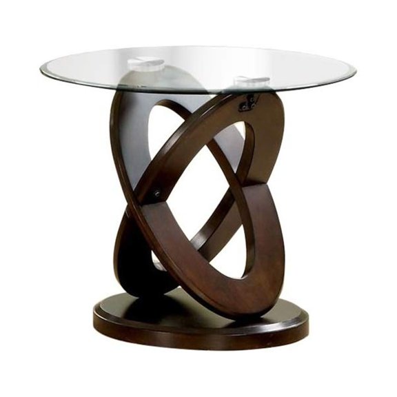 Modern Round Glass Top End Table with Walnut Brown Cross Oval Wood Base