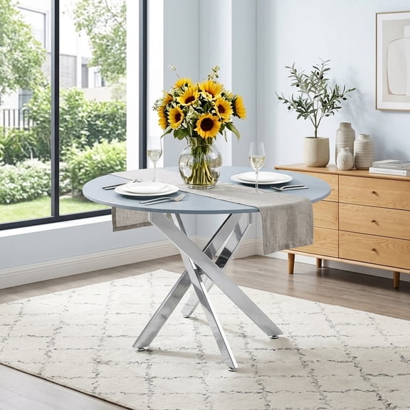 Modern Round Granite Dining Table with Metal Frame - 35.43" Diameter