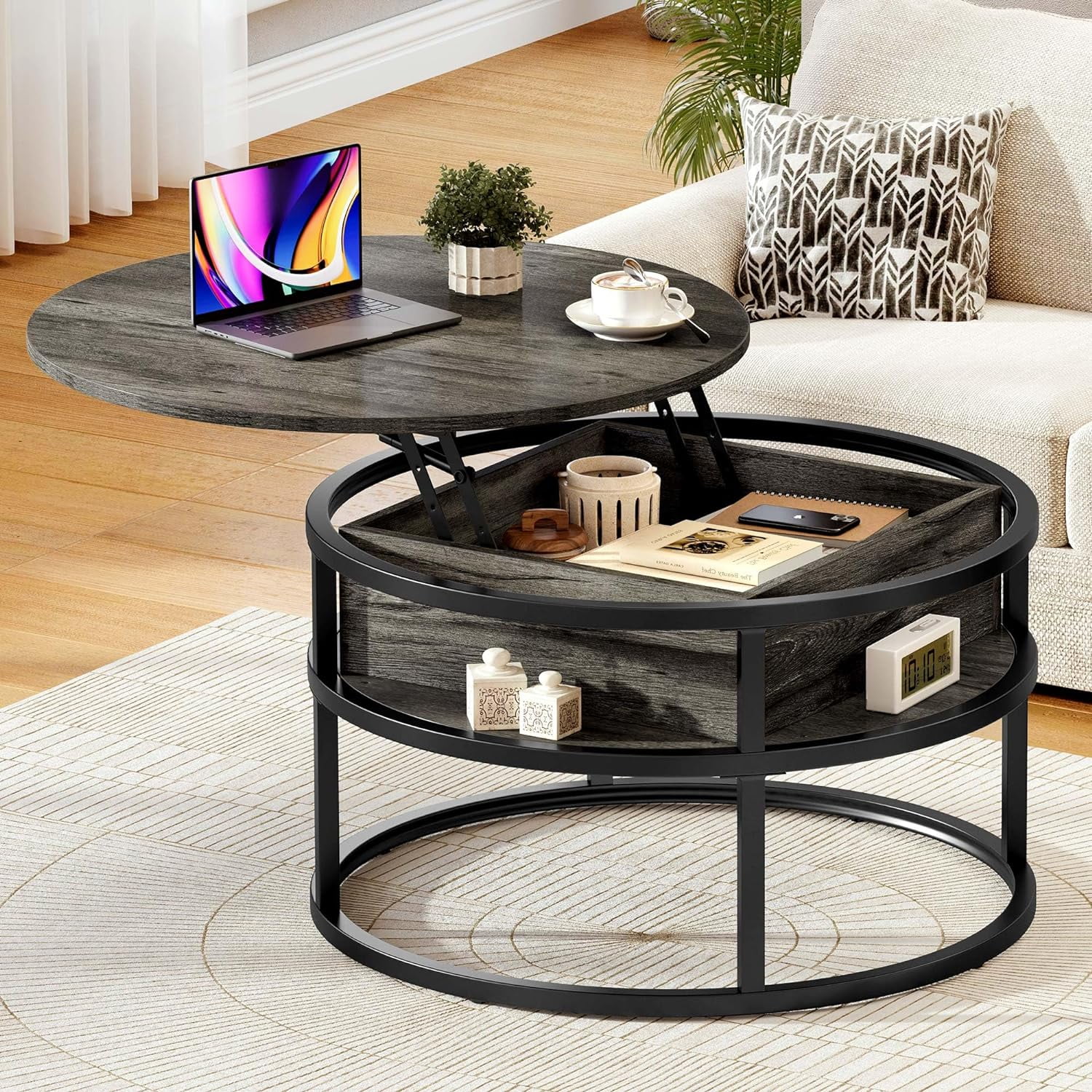 Modern Round LiftTop Coffee Table with Hidden Storage for Living Room