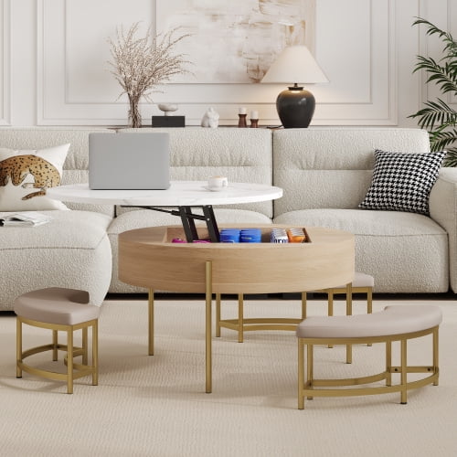 Modern Round Lift-Top Coffee Table with Storage & 3 Ottoman White & Natural