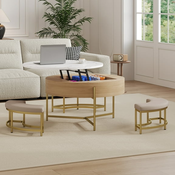 Modern Round Lift-Top Coffee Table with Storage & 3 Ottoman White & Natural
