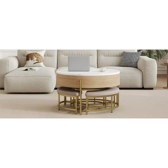 Modern Round Lift-Top Coffee Table with Storage & 3 Ottomans|White & Natural