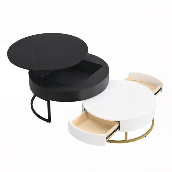 Modern Round Lift-top Coffee Tables with Hydraulic Function & 2 Drawers
