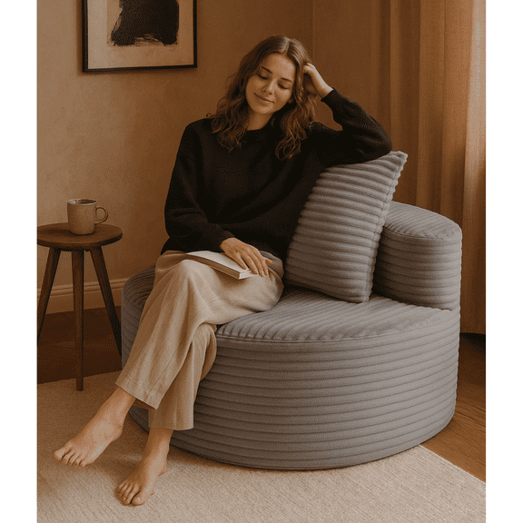 Modern Round Lounge Chair with Ribbed Corduroy Upholstery, Deep Circular Seating & Supportive Back Cushions, Designer Accent Sofa for Living Room, Reading Corner or Studio Space YKX-33003A