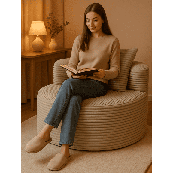 Modern Round Lounge Chair with Ribbed Corduroy Upholstery, Deep Circular Seating & Supportive Back Cushions, Designer Accent Sofa for Living Room, Reading Corner or Studio Space YKX-33003A