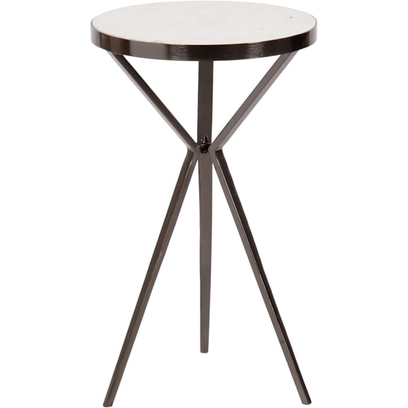 Modern Round Marble Side Table, 14 x 14 x 24, White and Gray Gunmetal, Tripod-Base Bedside Table for Display and Storage as a Bedroom Nightstand or Living Room Accent