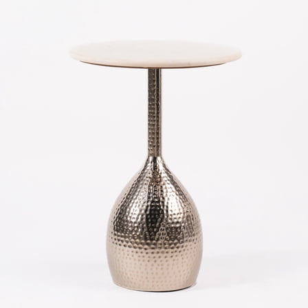 Modern Round Marble Top Side Table with Hammered Nickel Base – Accent End Table for Living Room, Bedroom, or Entryway Décor
