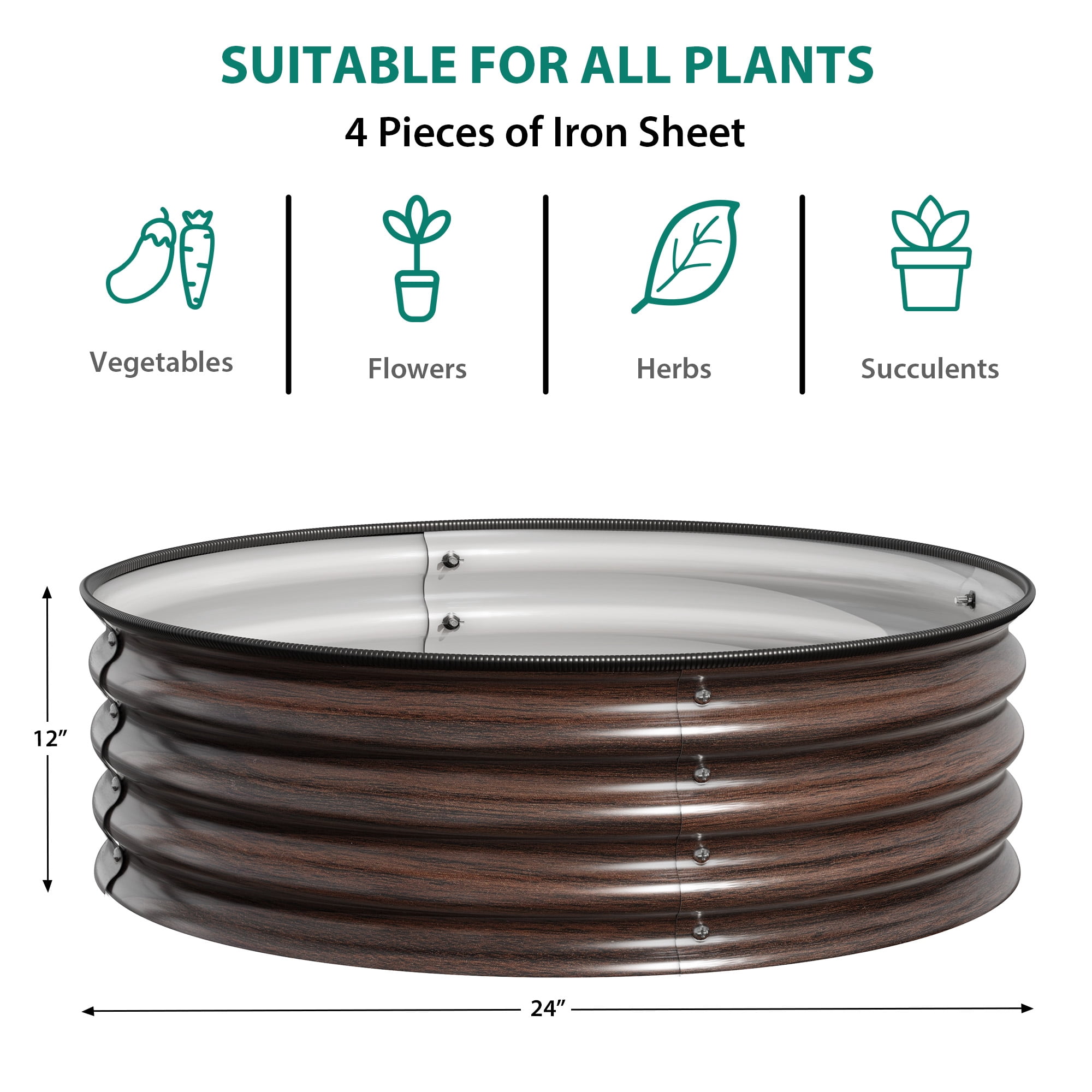 Modern Round Metal Garden Planters – 1-Pack Decorative Flower Pots with Galvanized Steel Finish, Easy Setup, Rubber Safety Edges for Indoor & Outdoor Use