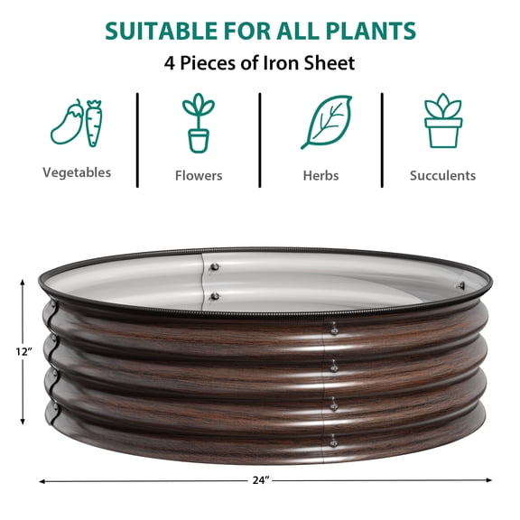 Modern Round Metal Garden Planters – 1-Pack Decorative Flower Pots with Galvanized Steel Finish, Easy Setup, Rubber Safety Edges for Indoor & Outdoor Use