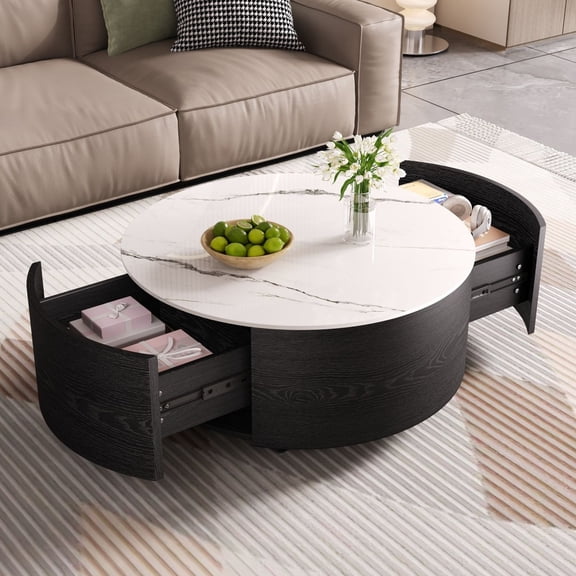 Modern Round Movable Coffee Table with Casters, 2 Drawers, Marble Pattern Sintered Stone Top, Black, 29.5"