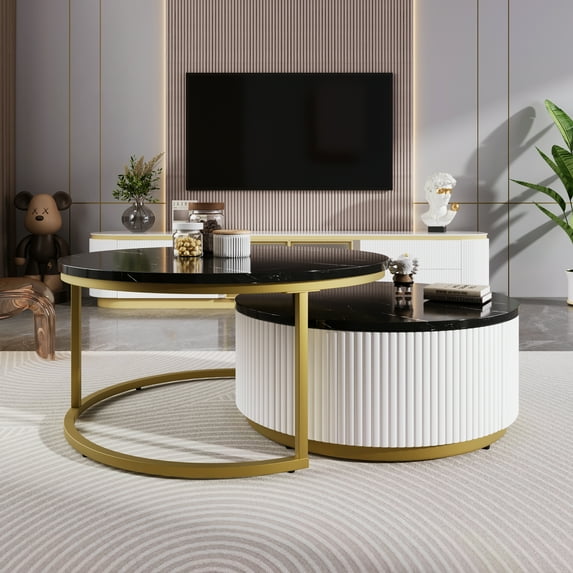 Modern Round Nesting Coffee Table Fluted with Drawer in Black & Gold in 27.6"