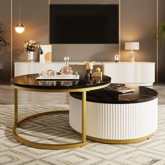 Modern Round Nesting Coffee Table | Ideal for Coffee and End Table Use in Room | Fluted Design and Gold - Accented Metal | Clears Small Clutter with Drawer