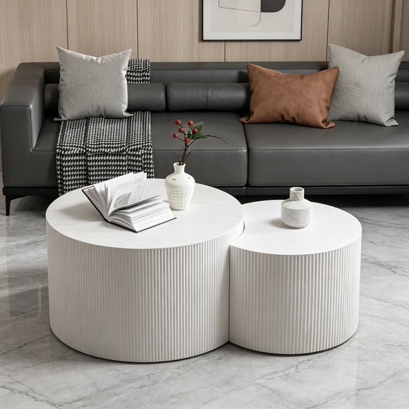 Modern Round Nesting Coffee Table, Round Fluted Coffee Table Set of 2, Drum Crescent Side Table Accent End Table for Living Room, No Assembly Required, White