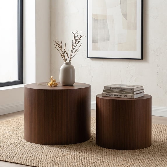 Modern Round Nesting Coffee Table Set of 2 - Walnut Finish Wood Living Room Table