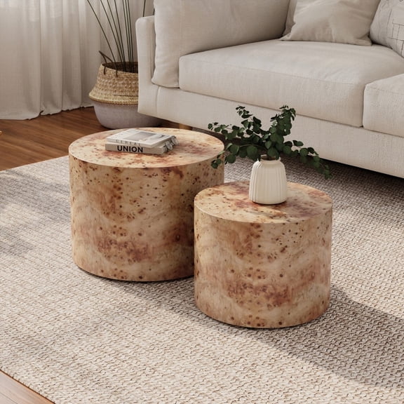 Nesting Coffee Table Set of 2, Round Wooden Tables in Natural Burl, Stylish for Living Room, Bedroom & Office Use