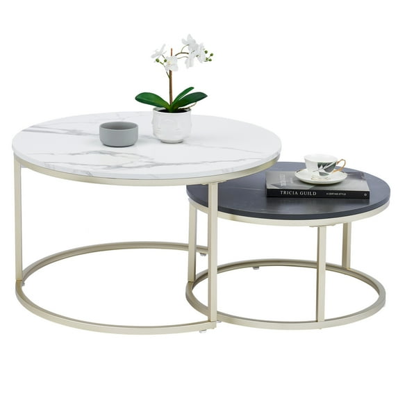 Modern Round Nesting Coffee Table Set with 31.5 in Two Tone Faux Marble Top and Gold Metal Legs Accent Wooden Stacking Side Tea Table for Living Room