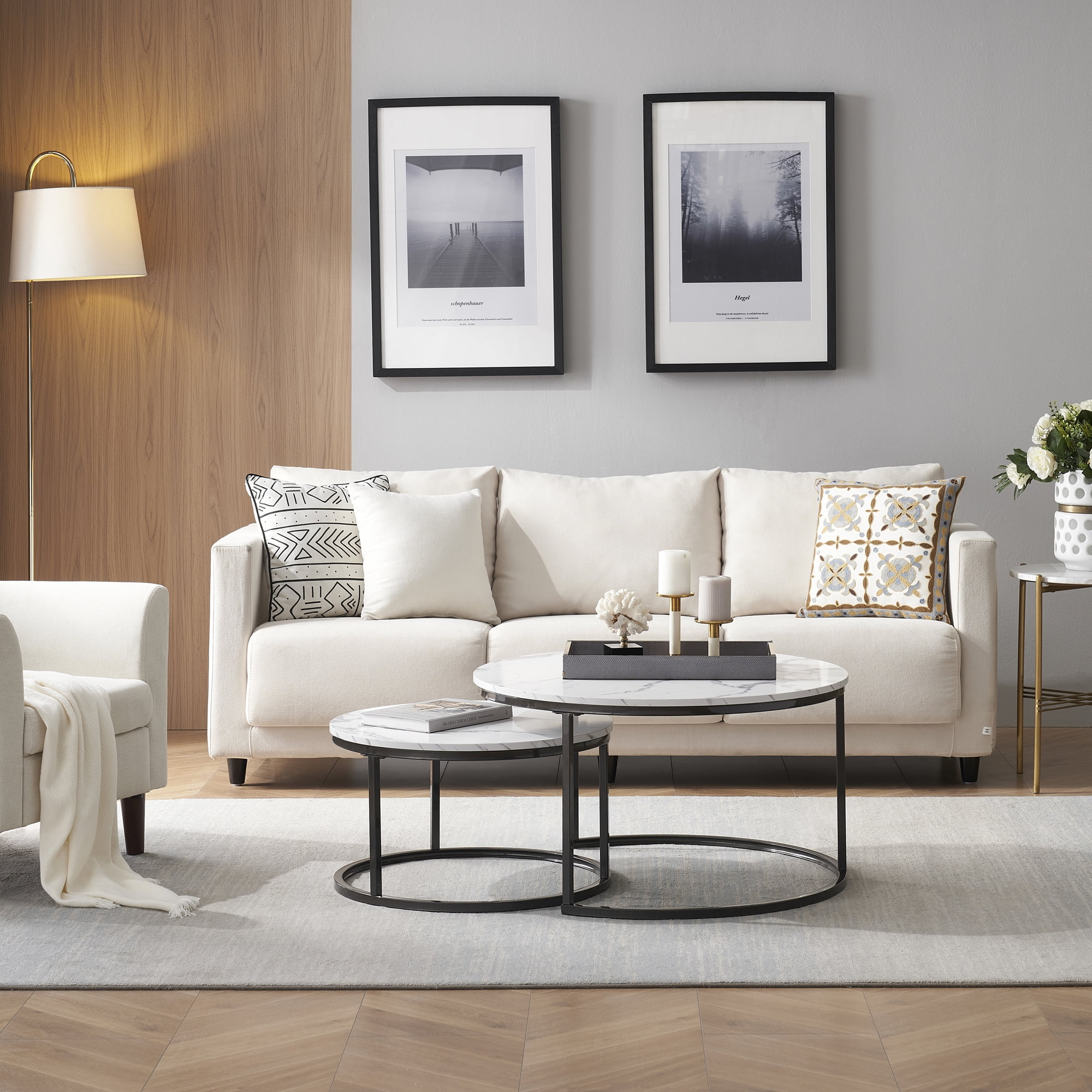 Modern Round Nesting Coffee Table Set with 31.5 in White Faux Marble Top and Gold Metal Legs Accent Wooden Stacking Side Tea Table for Living Room