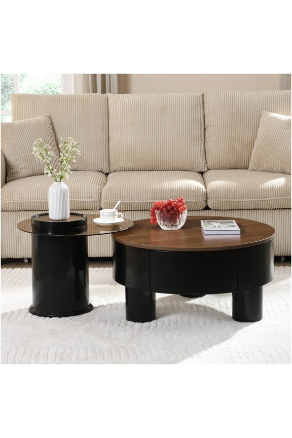 Modern Round Nesting Coffee Table Set with Storage Drawer, Black and Brown End Tables for Living Room, Space Saving Center Table