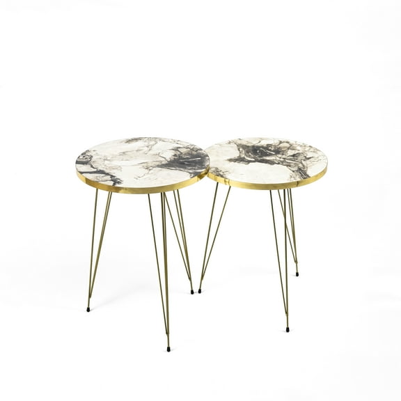 Ultimate Premium Products Modern Nesting Side Table Set of 2, Wooden Round End Table with Metal Gold Legs (White)