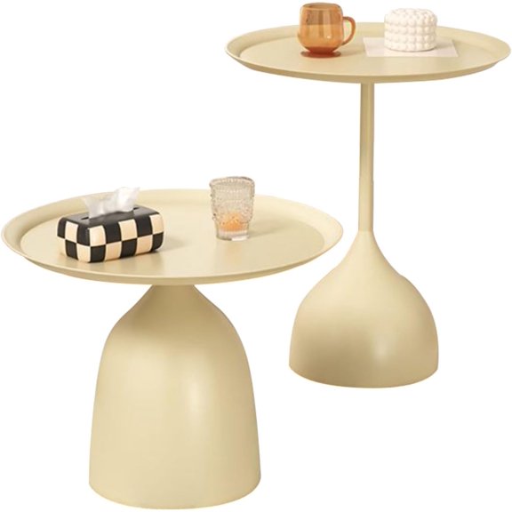 Modern Round Nesting Side Table Set of 2, Fluted Drum Coffee Table, Living Room Accent End Table, Metal Console Table, 15.75W x 18.11H and 15.75W x 23.62H Inches, Beige