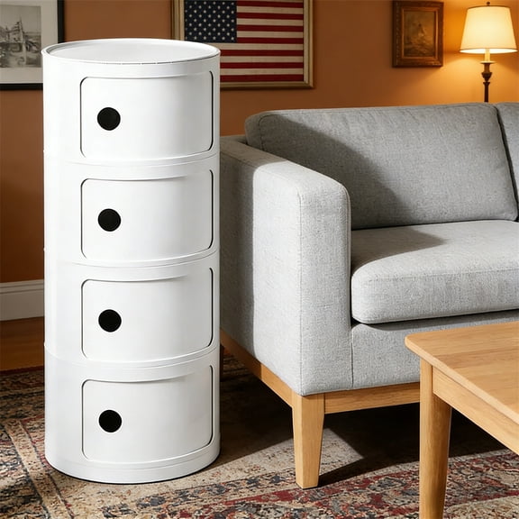 Modern Round Nightstand with Drawers and Sliding Door, 2 to 4-Tier Bedside Storage Cabinet with Shelf, Compact Mid-Century Style Side Table for Bedroom