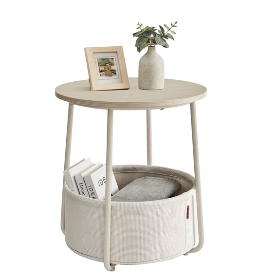 VASAGLE LILEA Collection - Small Round Side End Table, Modern Nightstand with Fabric Basket, Cream White