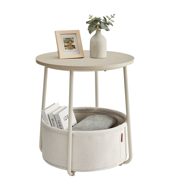 Modern Round Nightstand with Storage Basket, Cream White