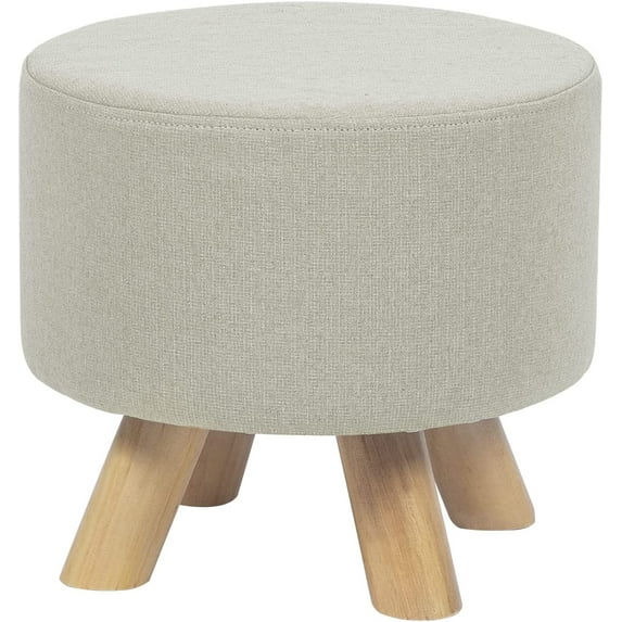 Modern Round Ottoman Foot Rest Stool/Seat Pouf Ottoman with Linen Fabric and Non-Skid Wooden Legs (Beige)