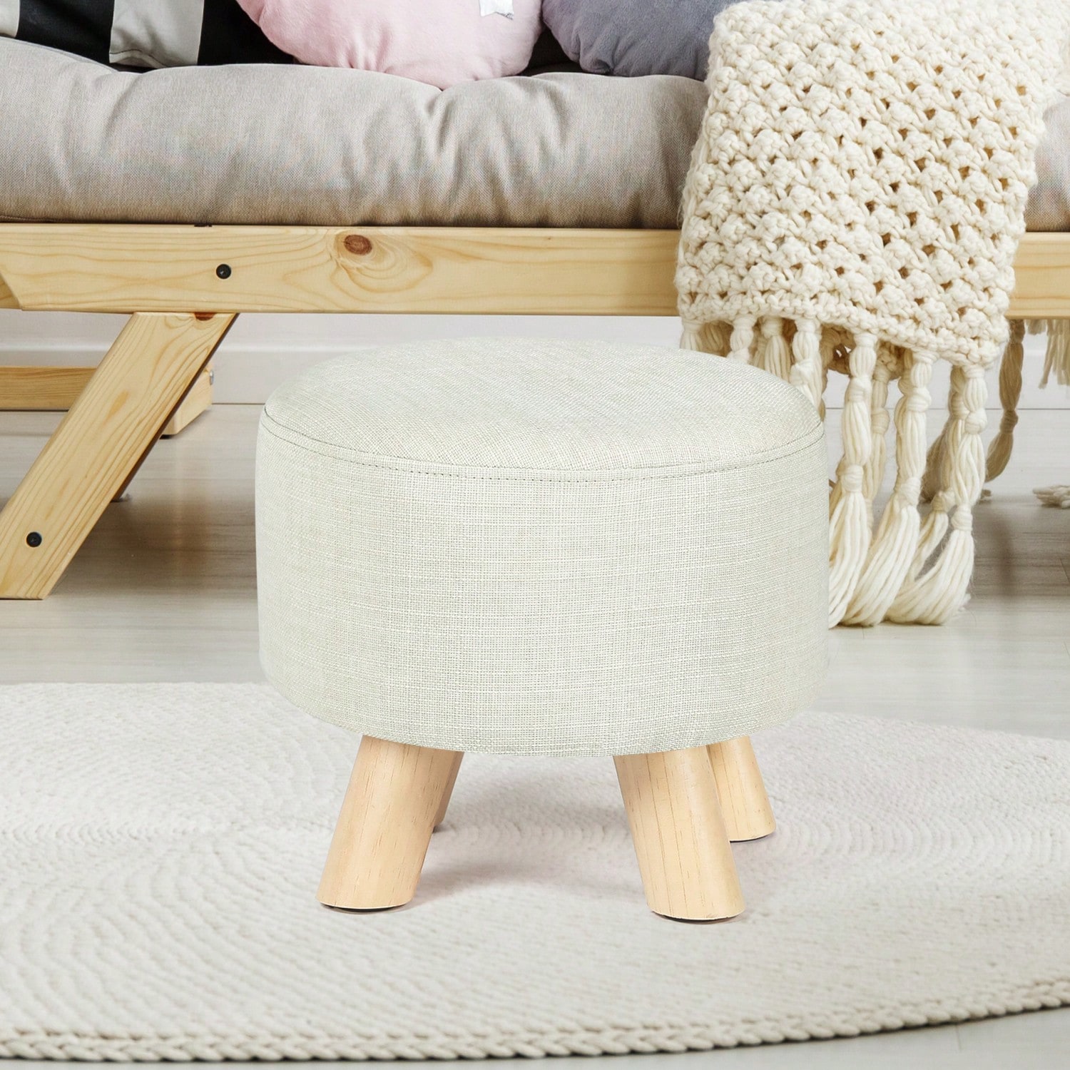 Modern Round Ottoman Foot Rest Stool/Seat With Linen Fabric And Non ...