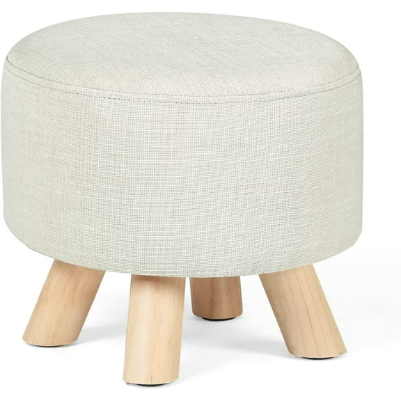 Modern Round Ottoman Foot Rest Stool/Seat with Linen Fabric and Non-Skid Wooden Legs (Beige)
