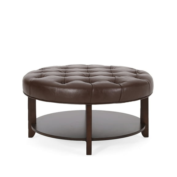 "Modern Round Ottoman with Faux Leather Tufting & Open Shelf 32"W x 17"H, Deep Brown"