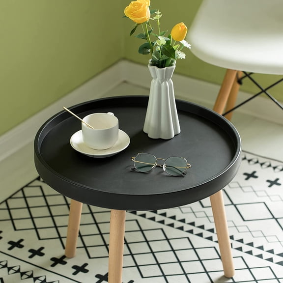 Modern Round Plastic Side Table with Beech Wood , Small Coffee Table for Living Room, Mesita  Sala Moderna, Circle End Table, Black